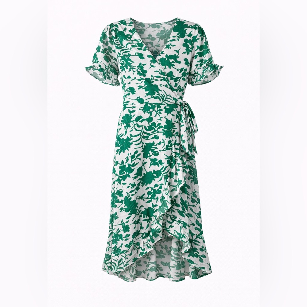 Alex & Parker Green Floral Wrap Dress | Ruffle Hem NWT Size Small